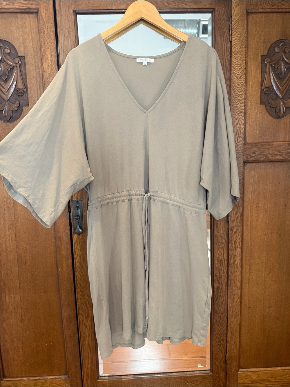 Z Supply L Taupe V Neck Dolman Drawstring Waist Cotton Dress